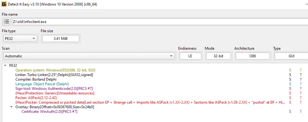 The output of DetectItEasy