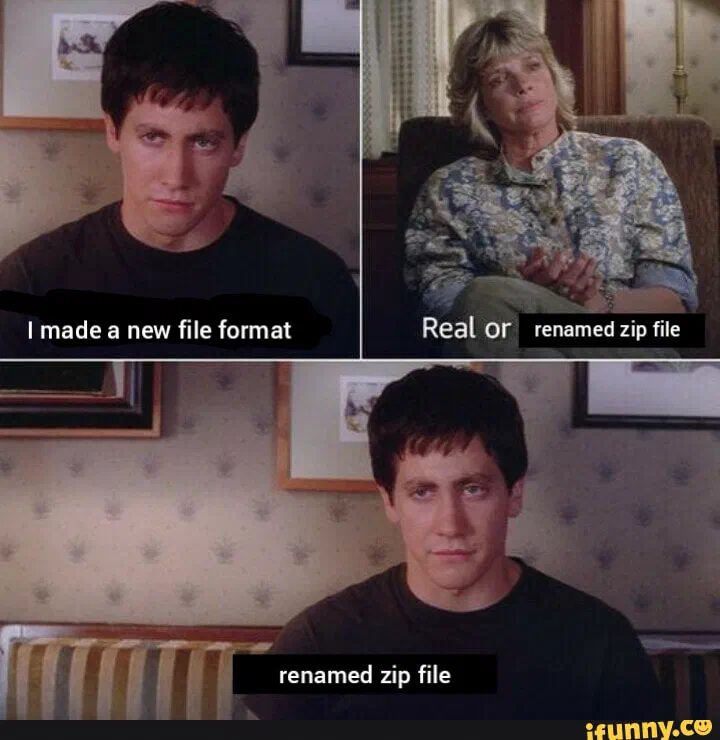 A meme explaining that most developers just rename a ZIP file and brand it as their own file format
